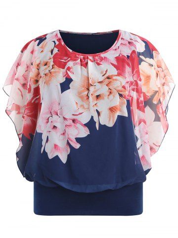 

Plus Size Floral Overlay Blouson Blouse, Deep blue