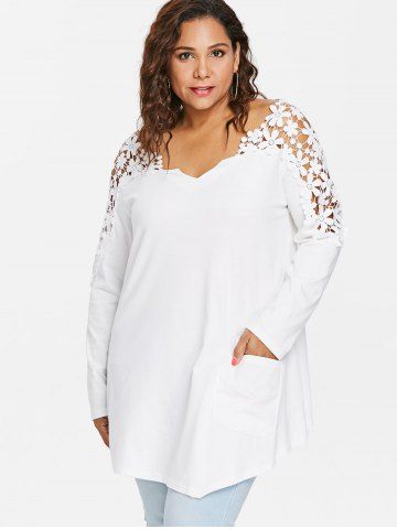 

Plus Size Patch Pocket V Neck T-shirt, Milk white