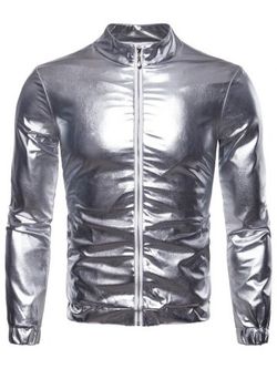 Front Zip Night Club Party Shiny Jacket - SILVER - XL