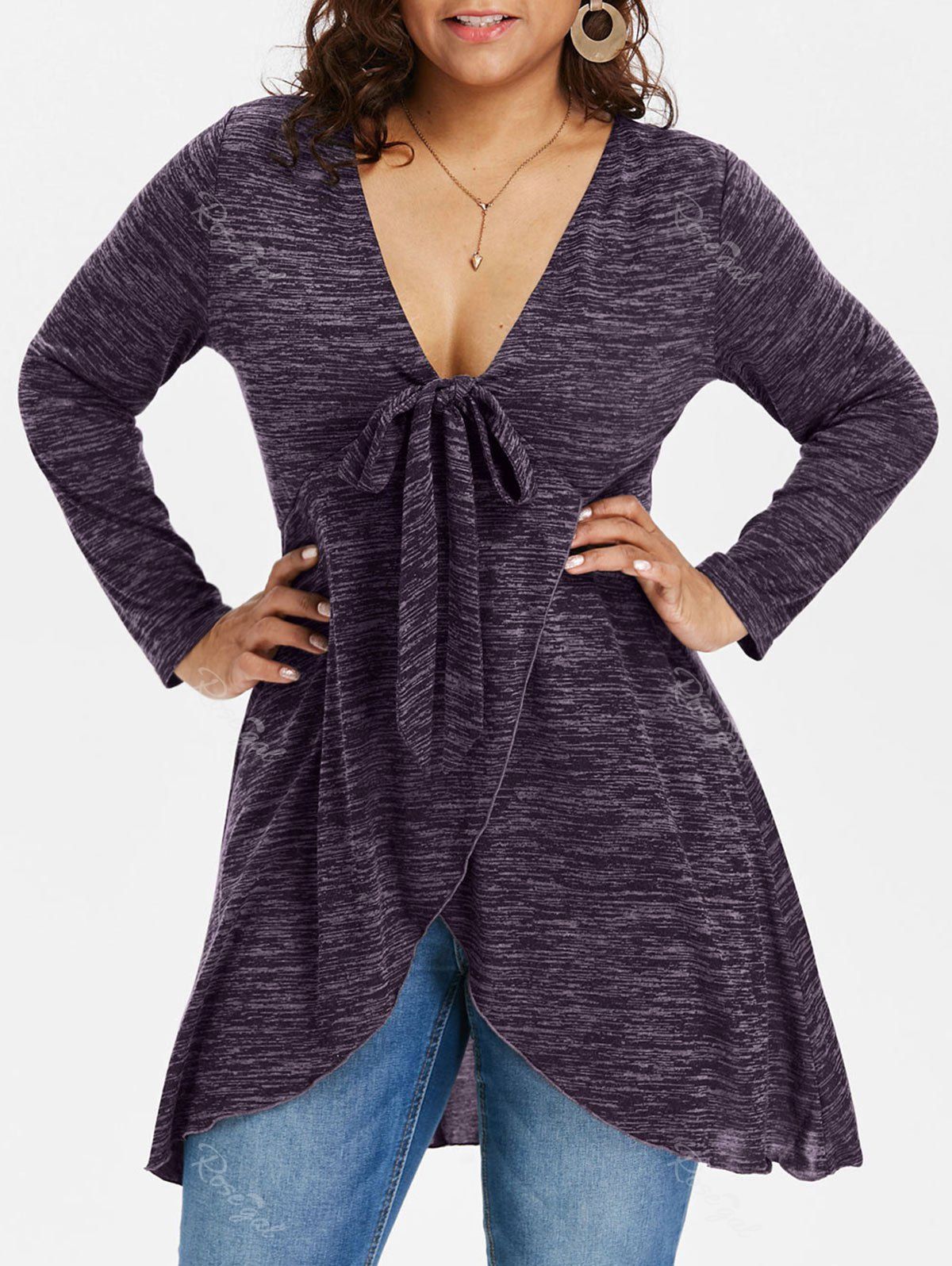 Plus Size Tie Front Marled Tulip T-shirt, Purple iris