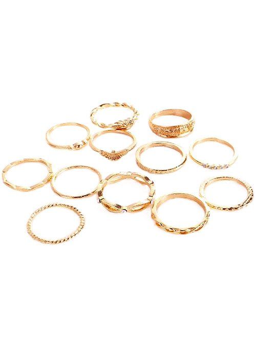 

Rhinestone Inlaid Knotted Carved Alloy Rings Set, Gold