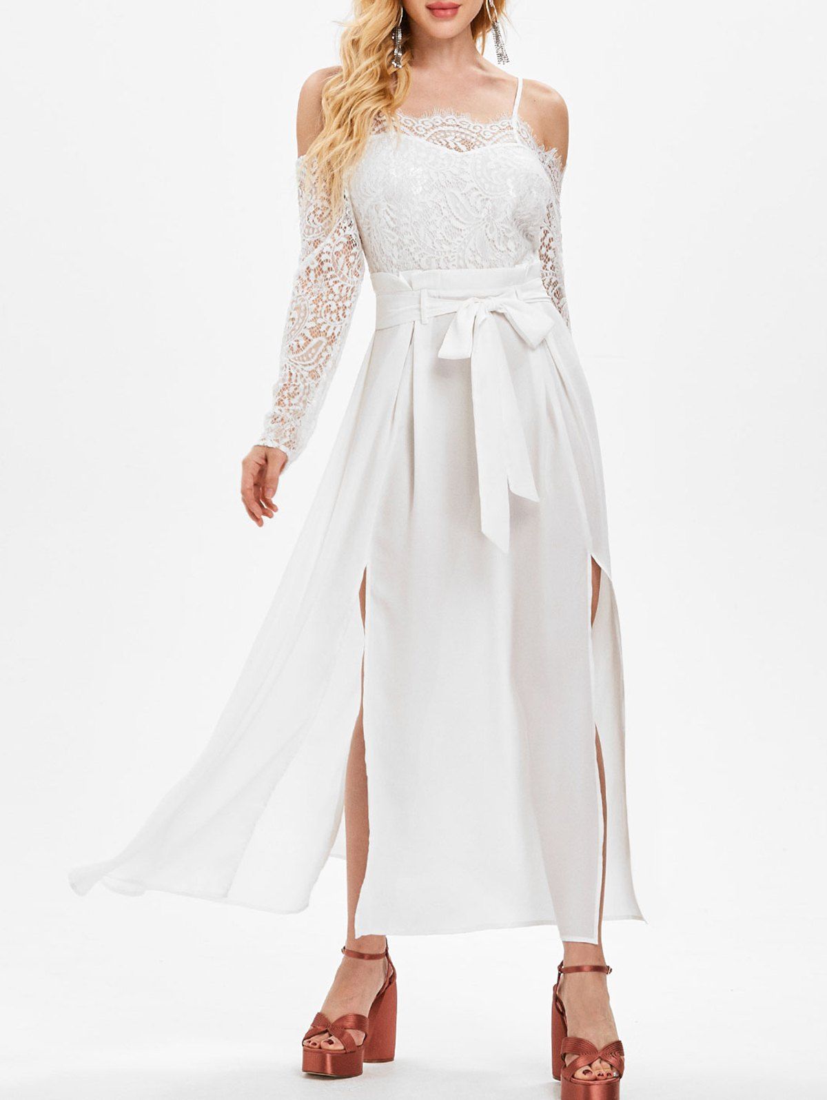 

Cold Shoulder High Slit Long Sleeve Dress, White