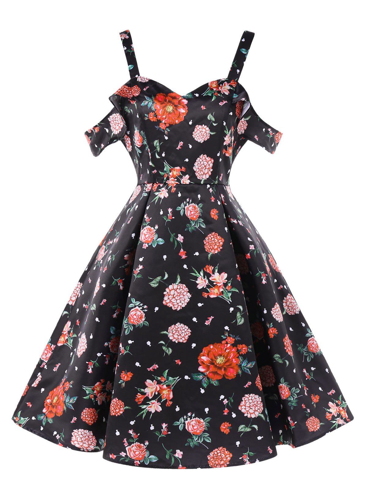 Floral Print Cold Shoulder Flared Dress, Black