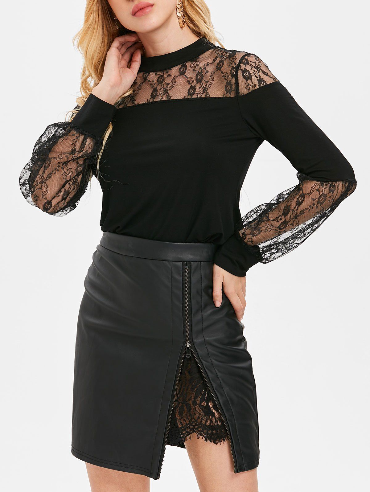 

Long Sleeve Sheer Lace Insert T-shirt, Black