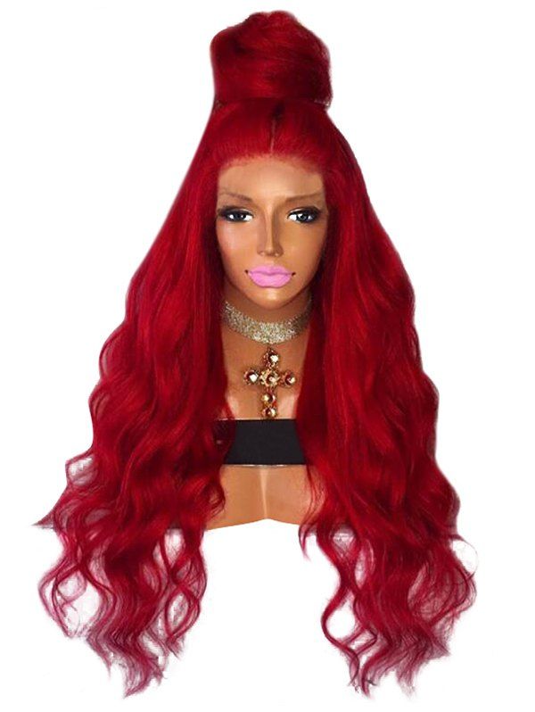 

Long Center Parting Wavy Synthetic Wig, Red wine