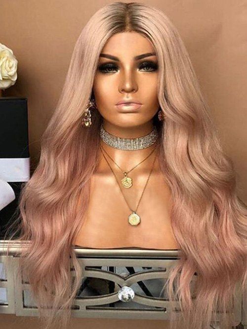 

Long Middle Part Gradient Wavy Synthetic Wig, Light pink