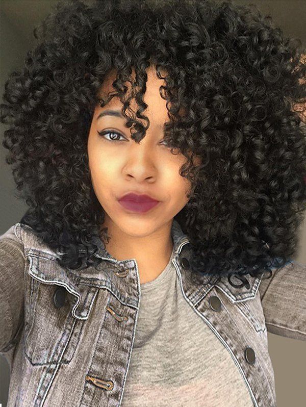 

Medium See-through Bang Fluffy Afro Curly Synthetic Wig, Jet black 01#
