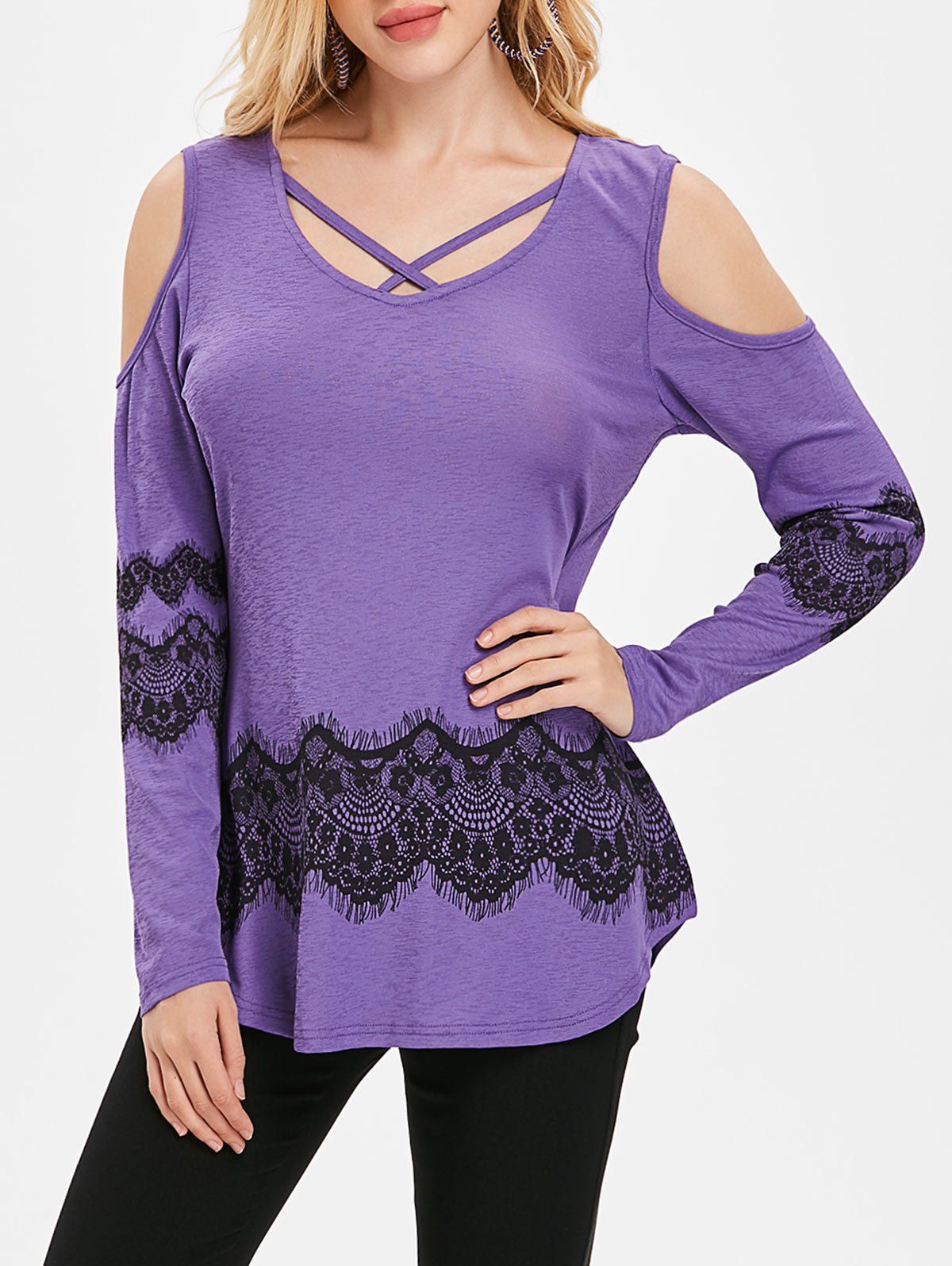 

Cross Front Long Sleeve Print T-shirt, Purple mimosa