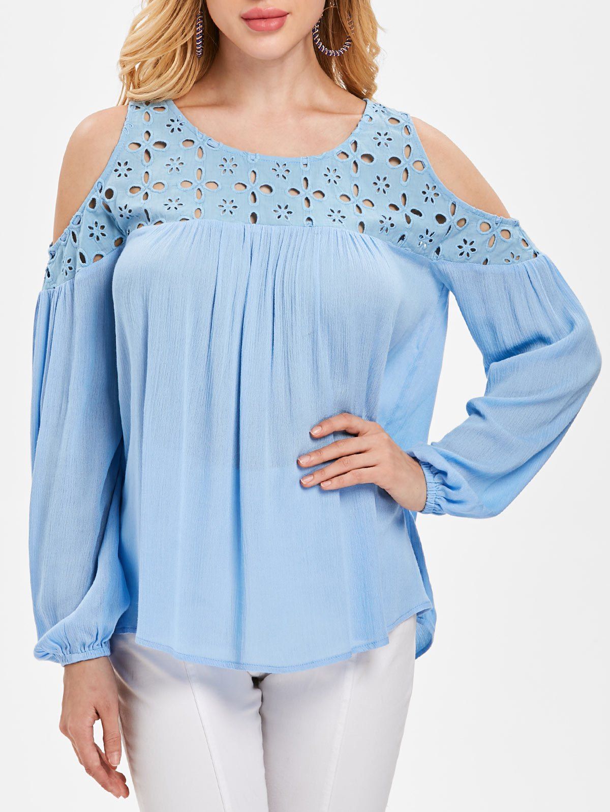 

Eyelet Yoke Cold Shoulder Blouse, Light blue
