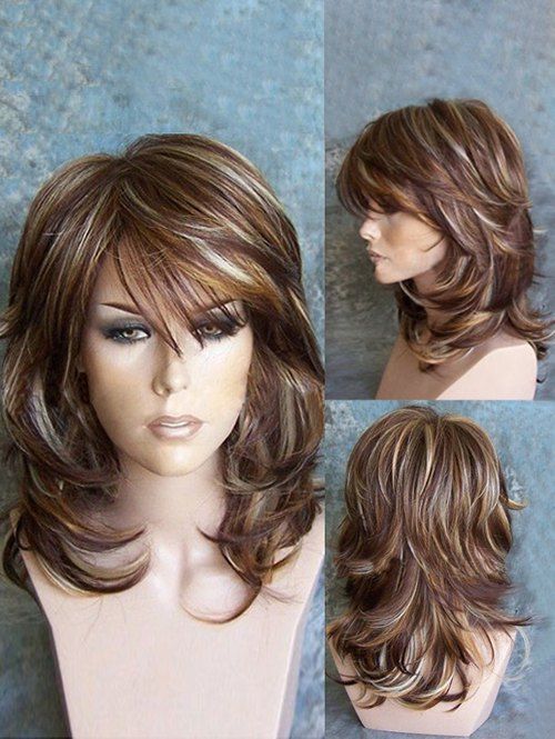 Cheap Medium Inclined Bang Highlighted Layered Slightly Curled Synthetic Wig  