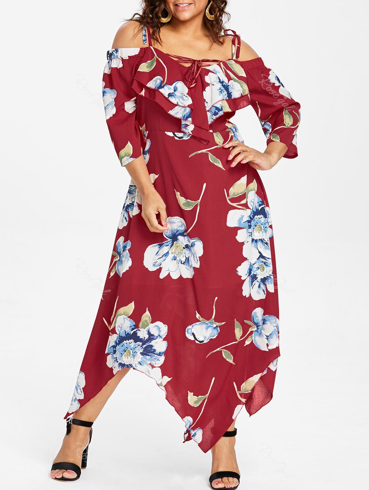 [45% OFF] Plus Size Cold Shoulder Ruffle Handkerchief Dress | Rosegal
