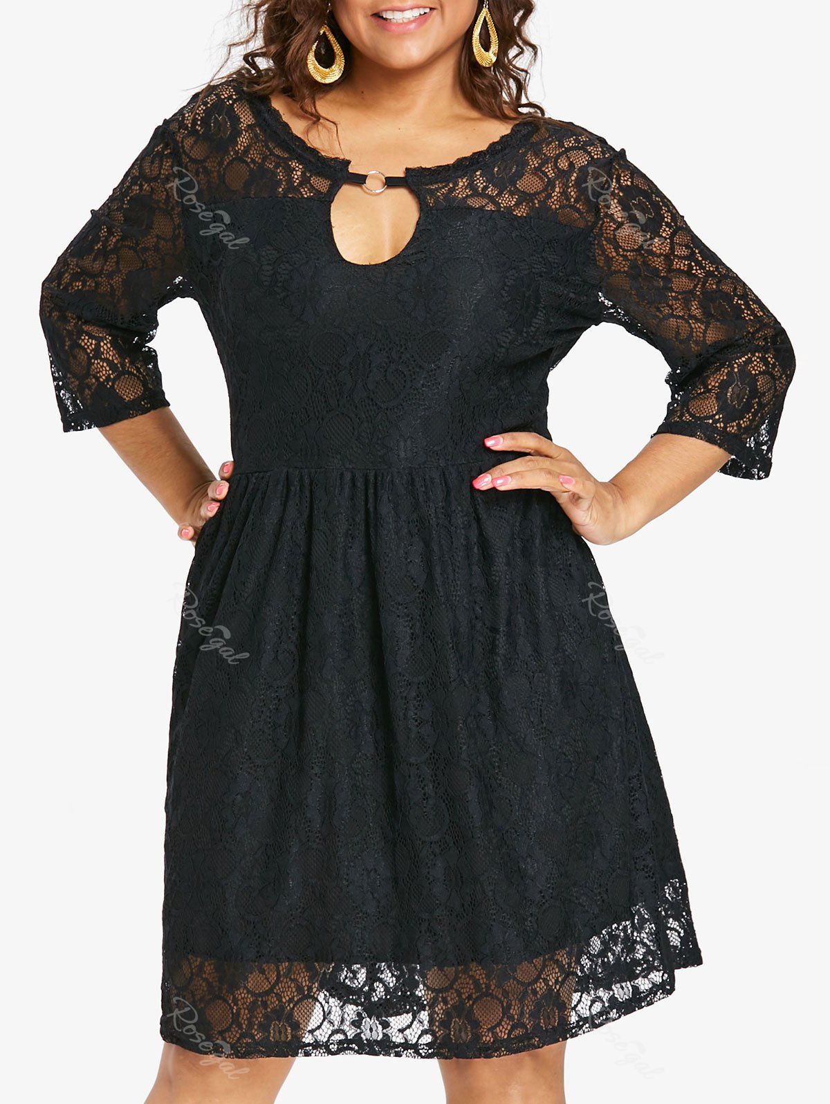 [66% OFF] Plus Size Keyhole Knee Length Lace Dress | Rosegal