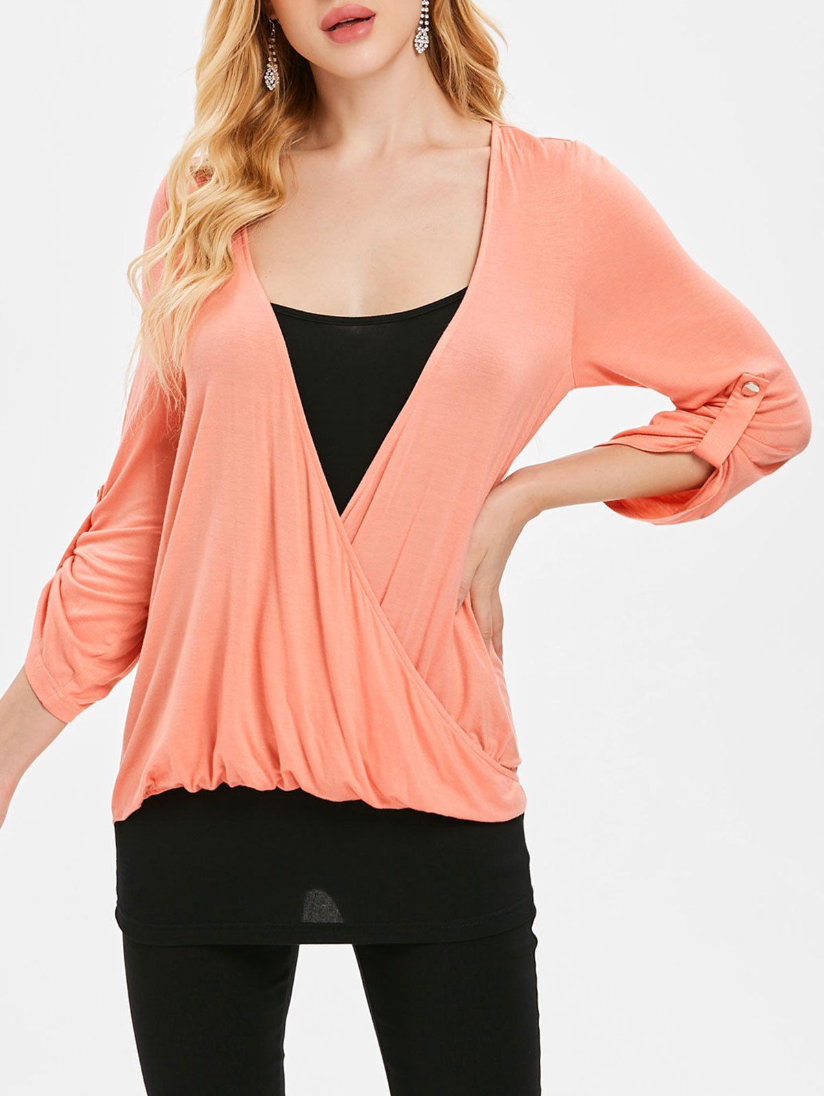 

Three Quarter Sleeve Faux Two Piece Top, Orange pink