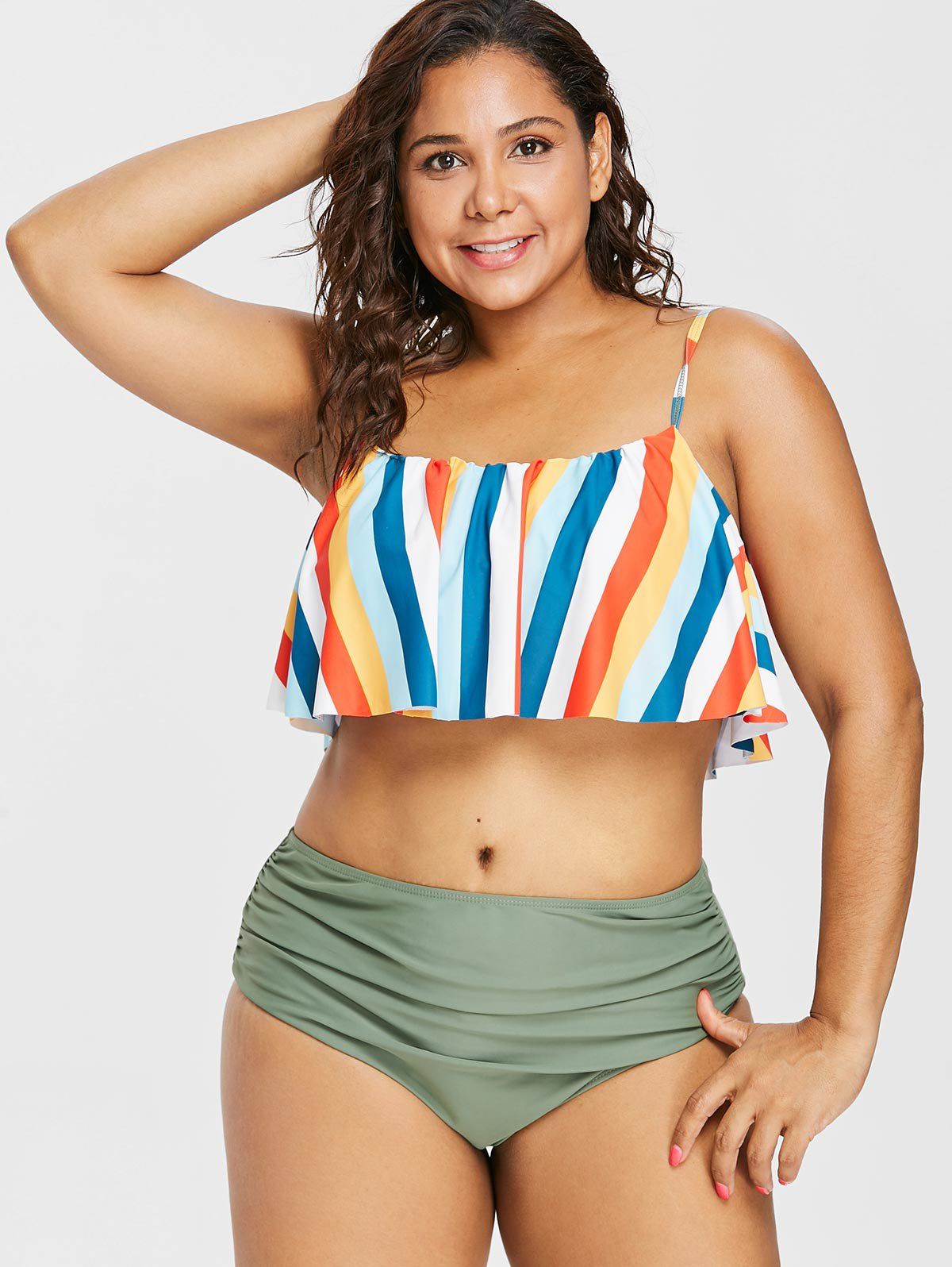 

Plus Size Colorful Striped Bikini Set, Camouflage green