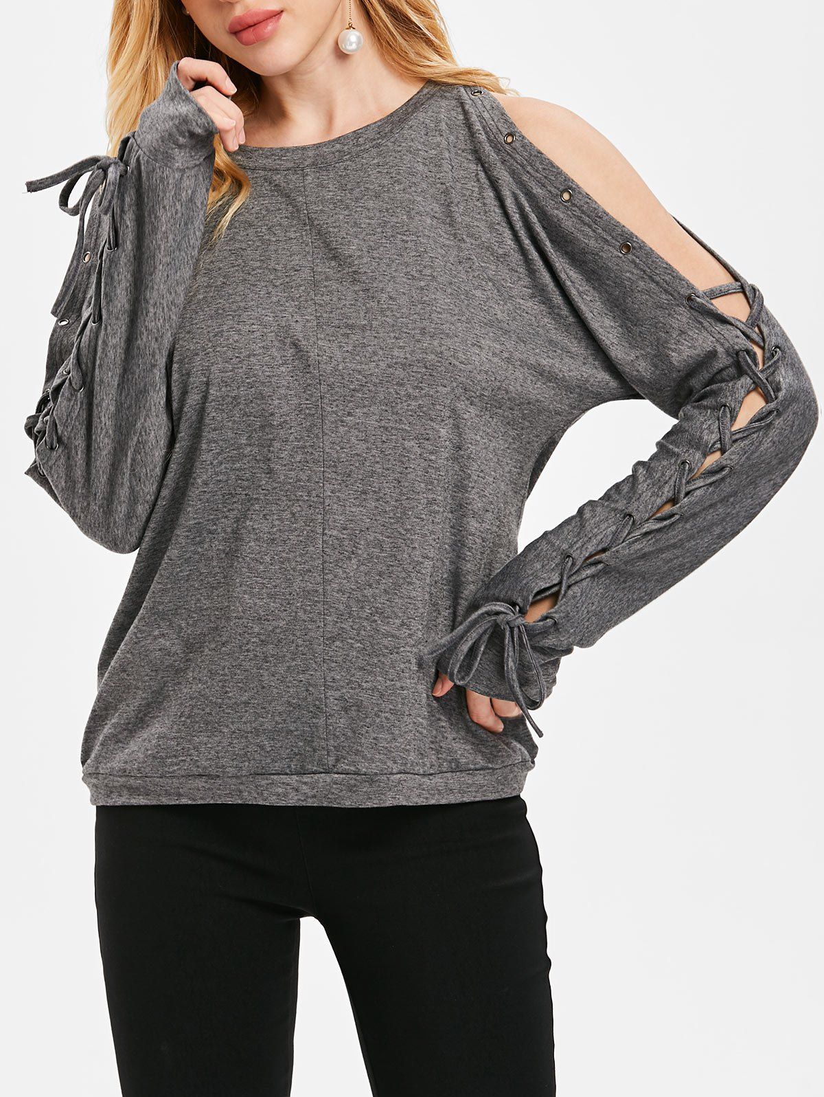 

Lace Up Sleeve Open Shoulder Top, Gray