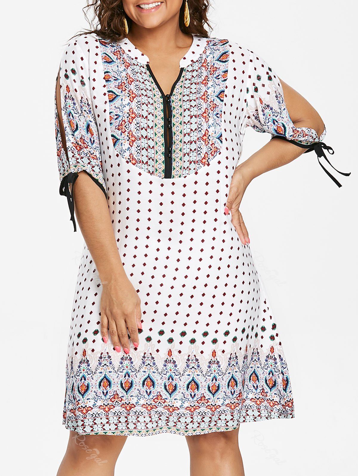 

Plus Size Geometric Split Sleeve Dress, White