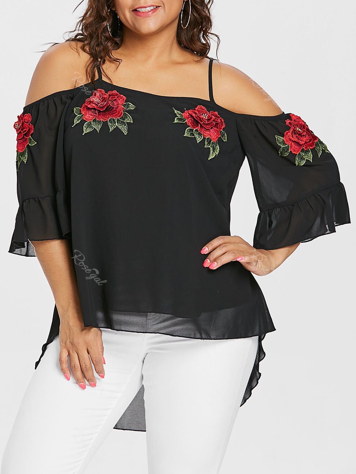 

Plus Size Embroidery High Low Blouse, Black