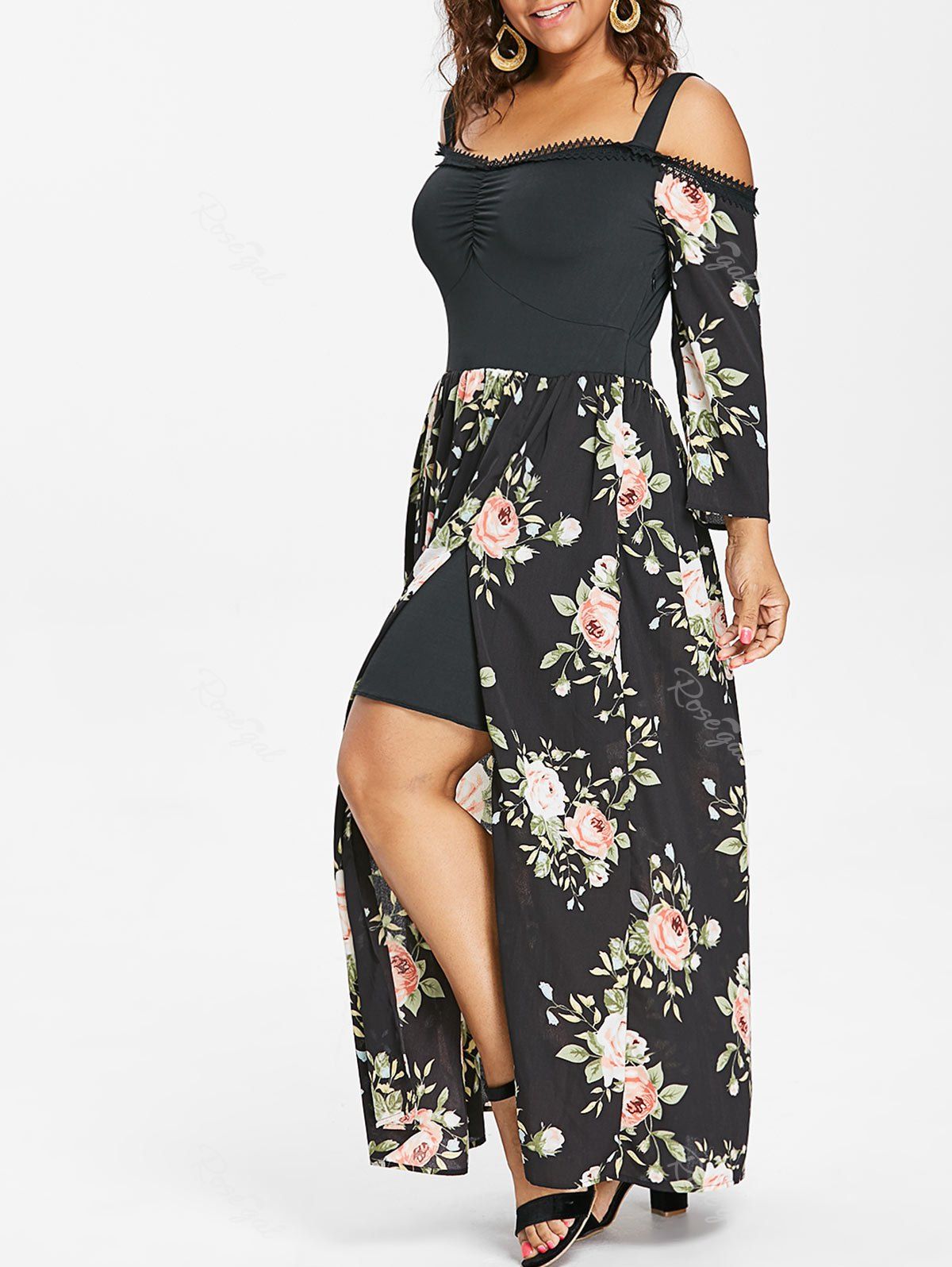 

Plus Size Floral High Split Maxi Dress, Black