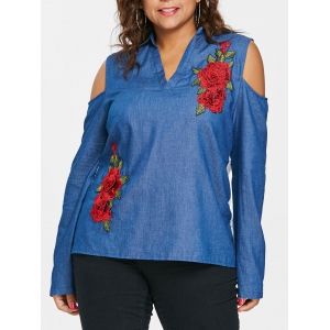 

Plus Size Eyelet Cold Shoulder Chambray Top, Blue