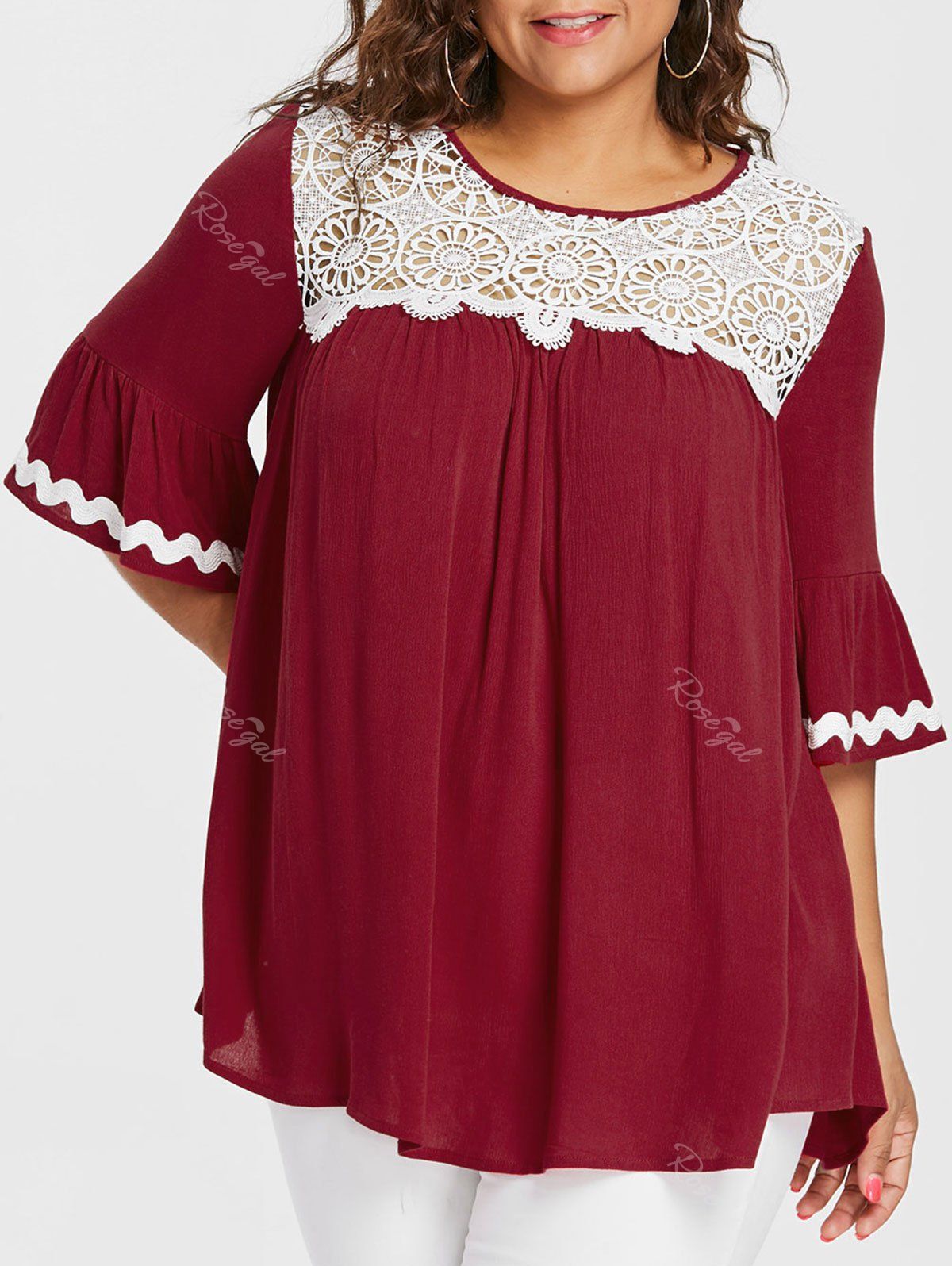 

Plus Size Lace Trim Bell Sleeve Blouse, Red