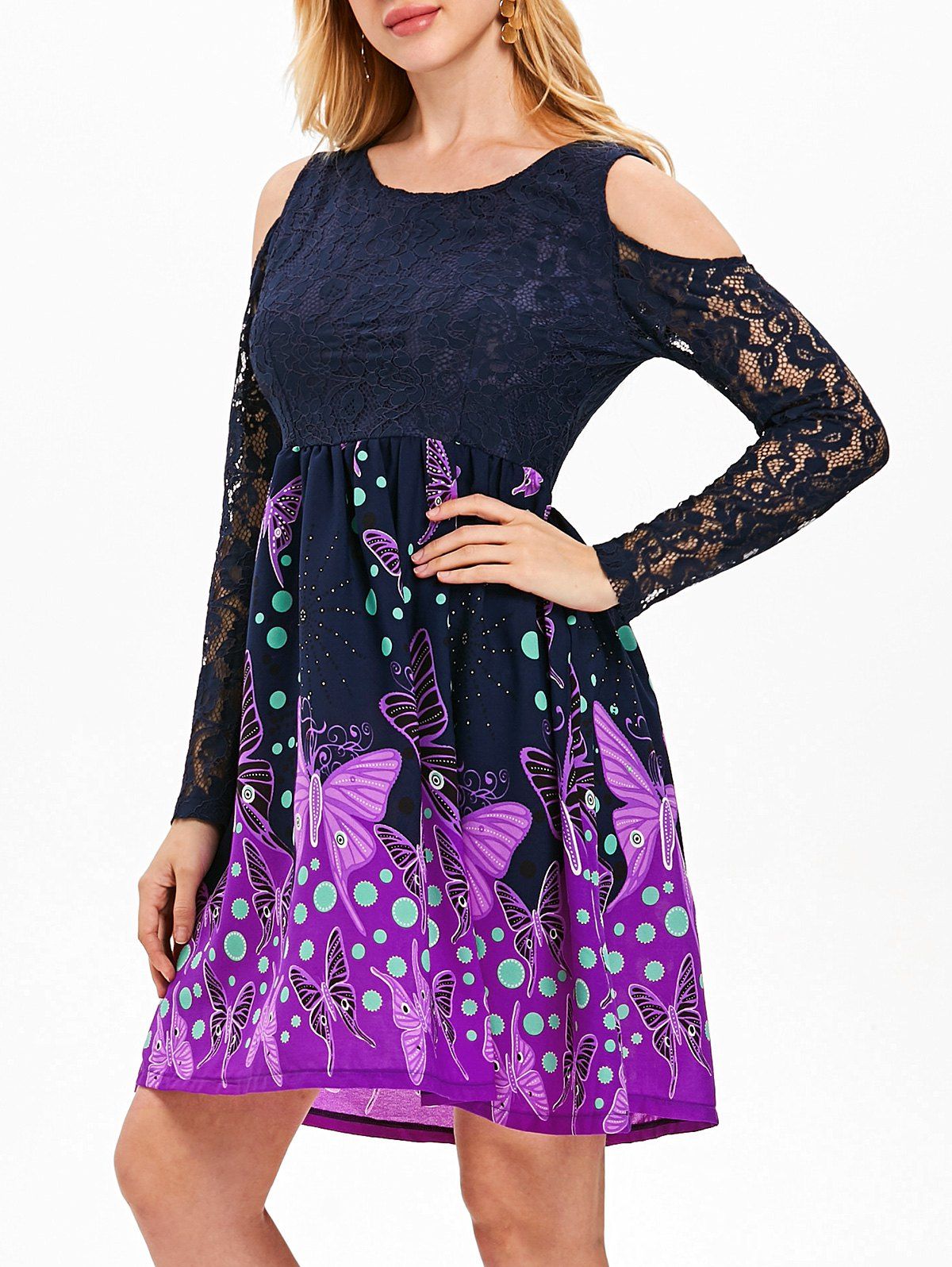 

Butterfly Pattern Lace Cold Shoulder Dress, Midnight blue