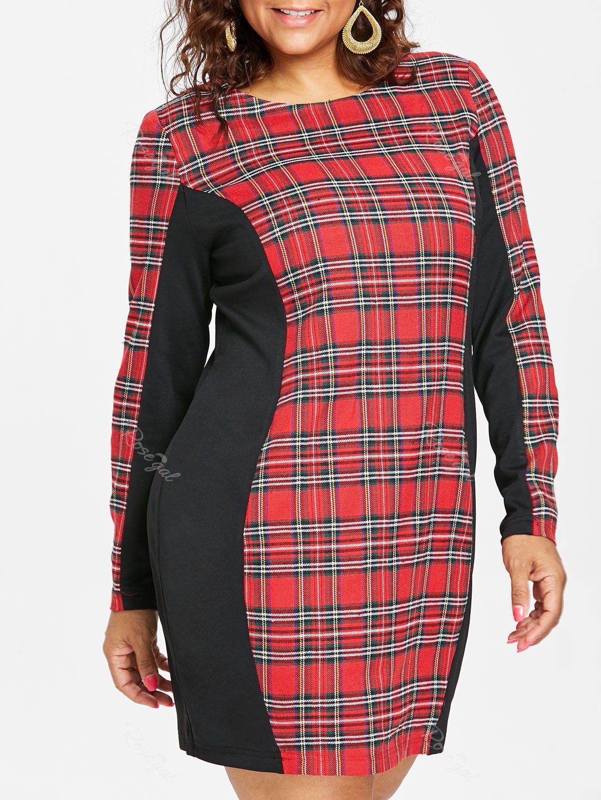 

Plus Size Plaid Panel Long Sleeve Dress, Red
