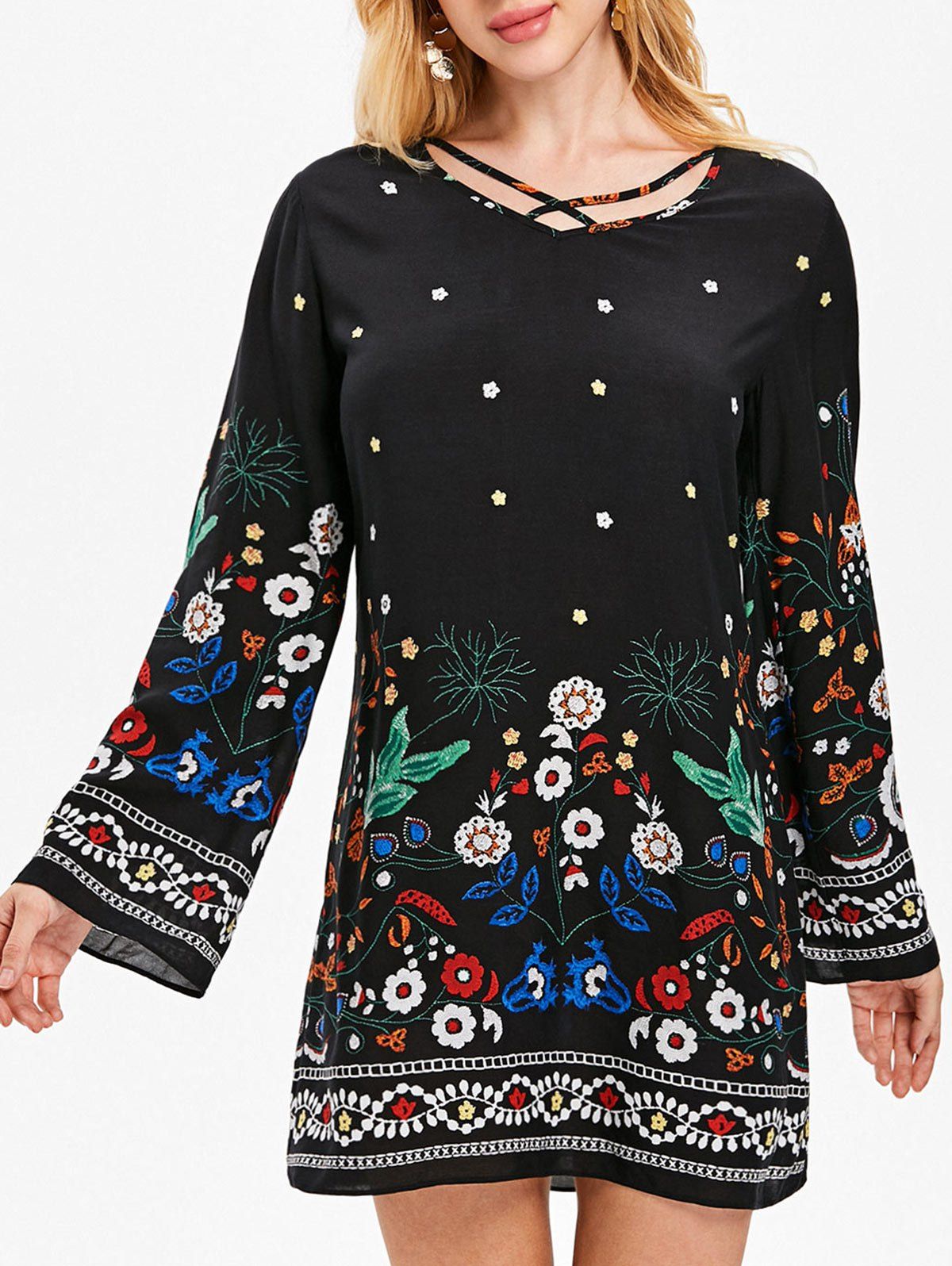 

Criss Cross Emcroidered Tunic Dress, Black