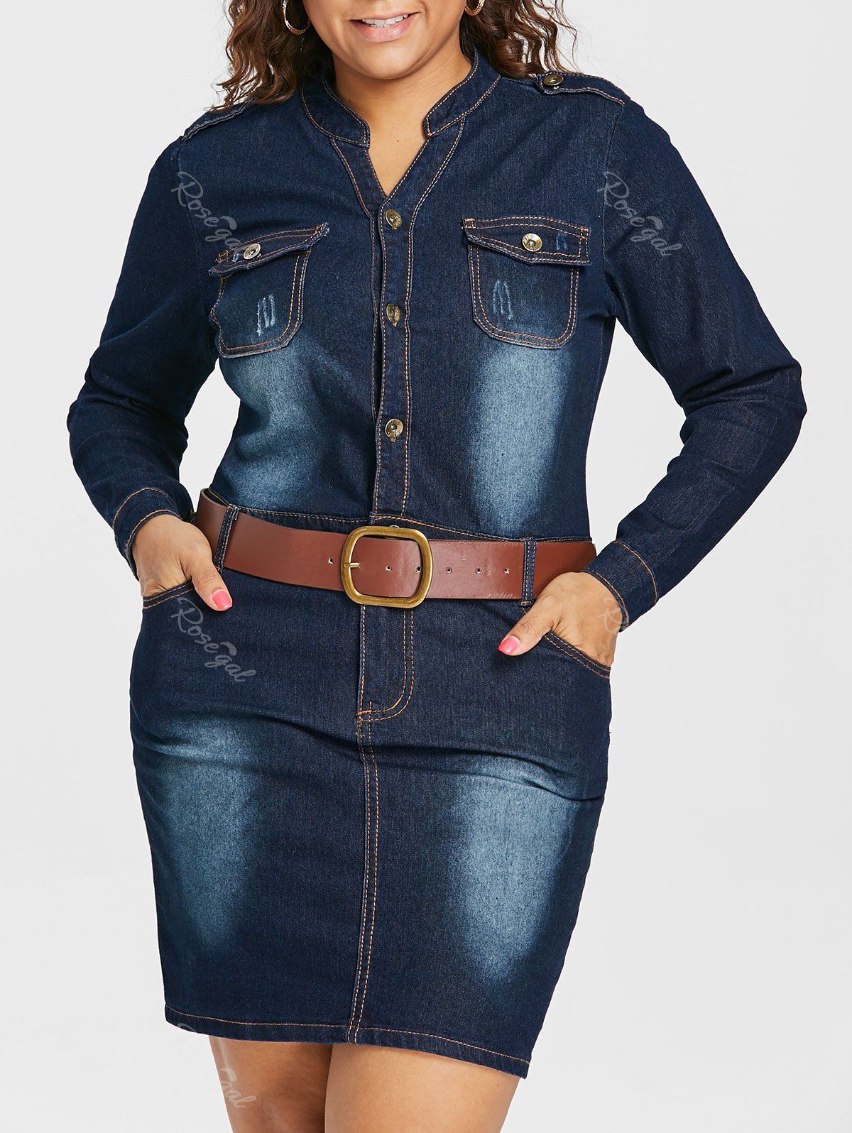  33 OFF Plus  Size  Fitted Denim  Jean  Dress  With Belt 