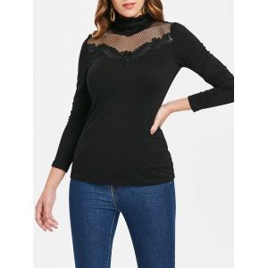 

Lace Applique Turtleneck Long Sleeve T-shirt, Black