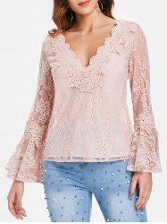 V Neck Flare Sleeve Lace Top -  