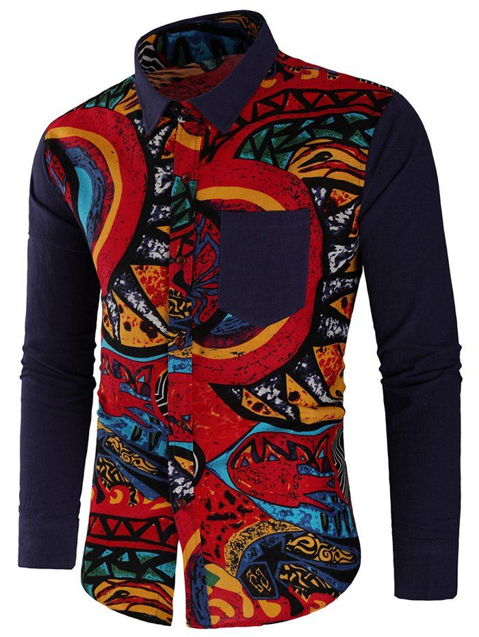 

Abstract Print Panel Button Up Shirt, Cadetblue