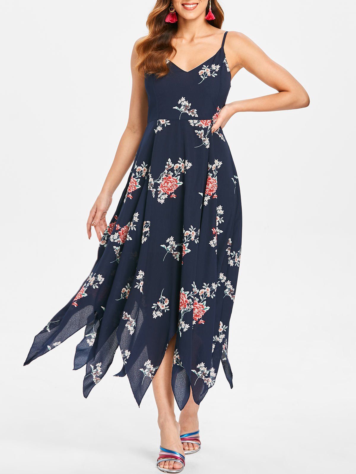 

Floral Print Cami Straps Maxi Handkerchief Dress, Dark slate blue