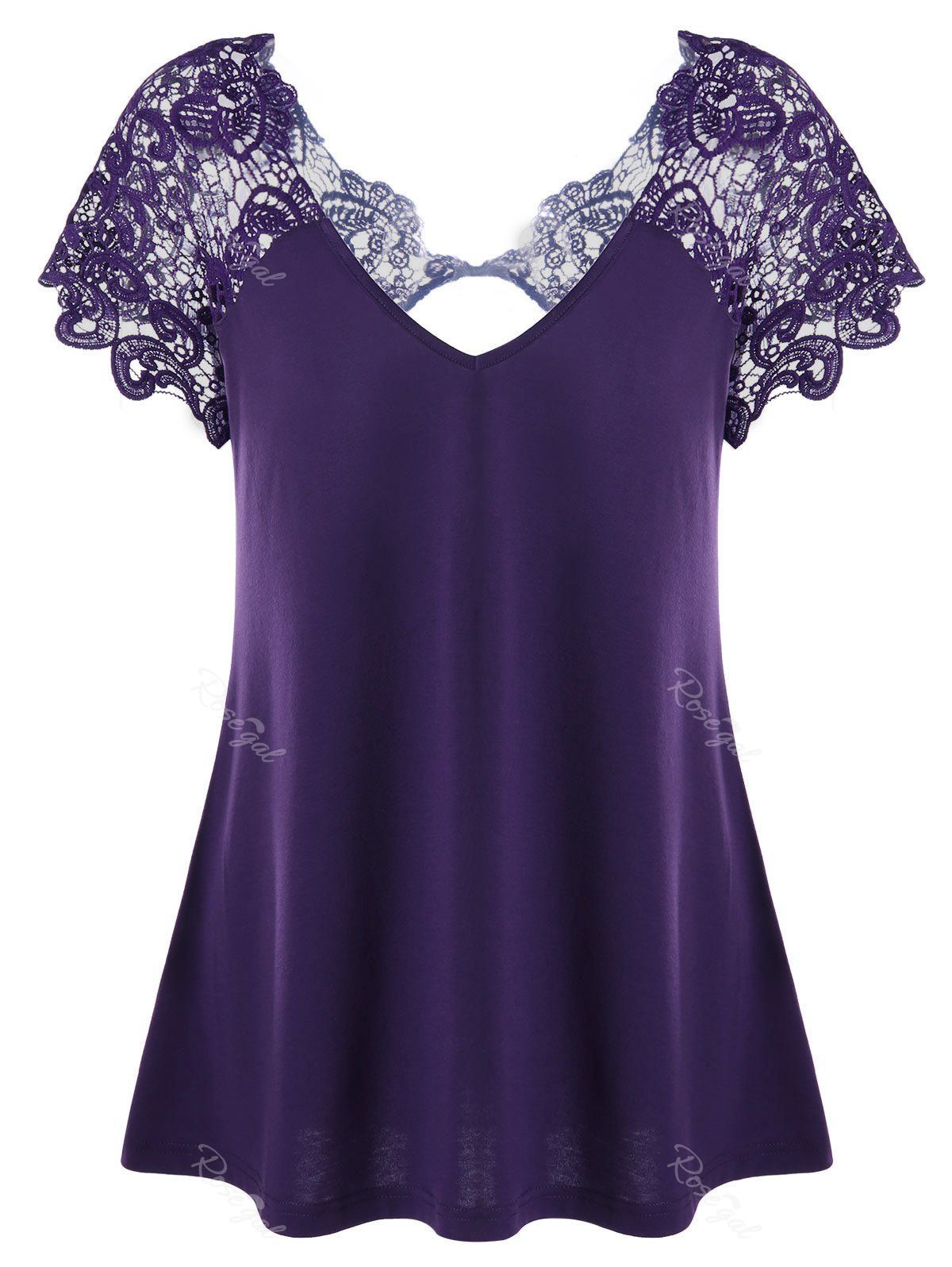 V Neck Plus Size Lace Trim Cutwork T-Shirt, Deep purple