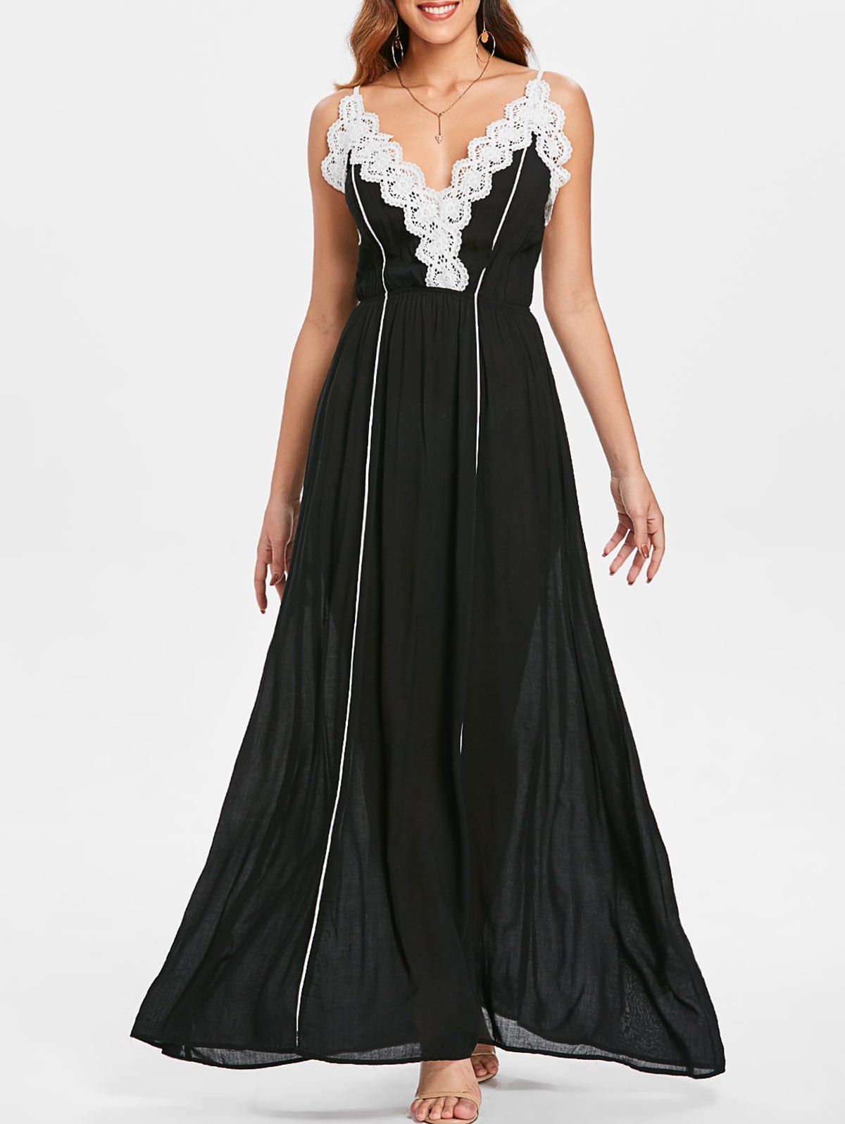 

Low Cut Lace Applique Maxi Dress, Black