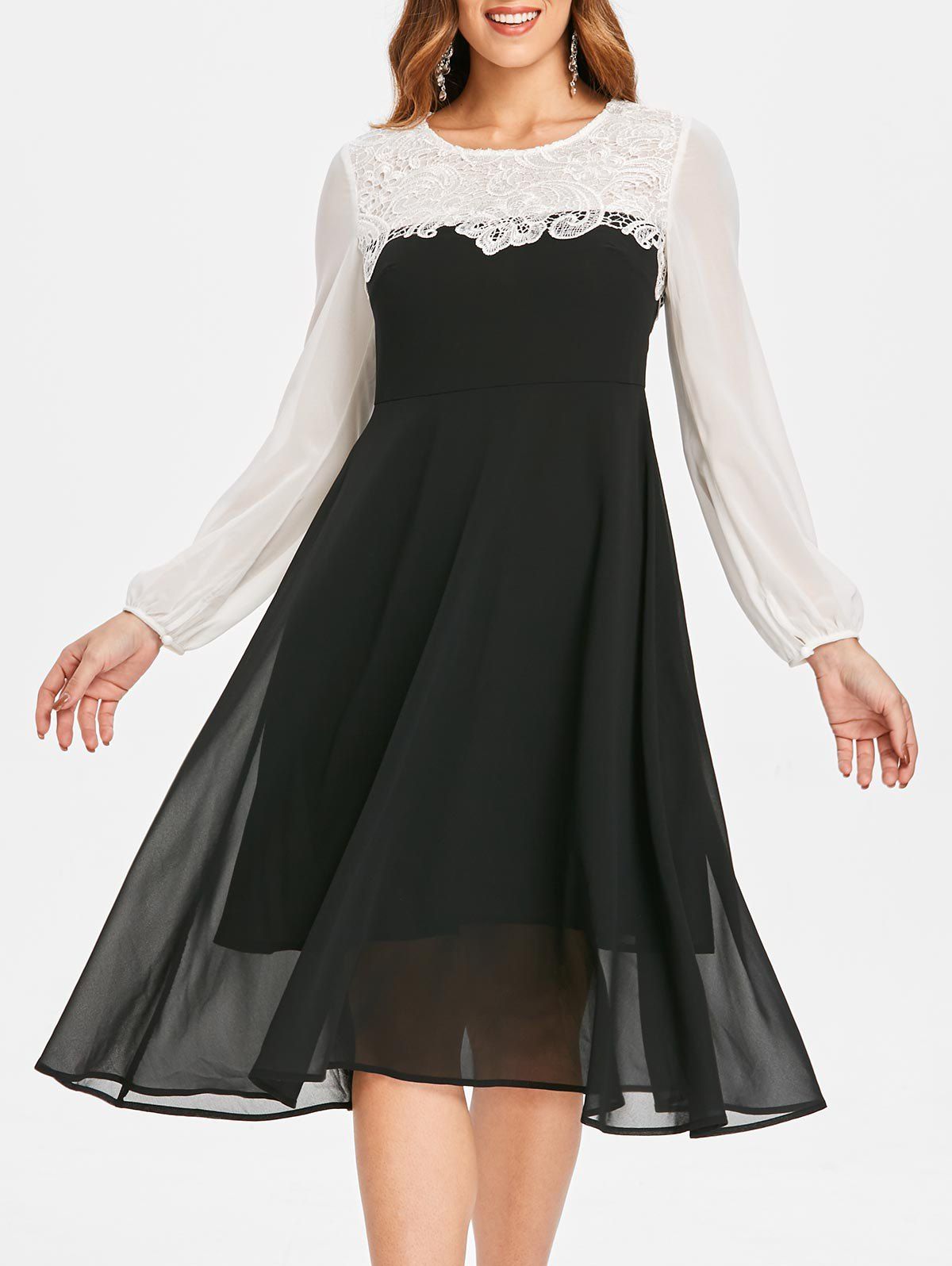 

Lace Panel Chiffon Flare Dress, Black