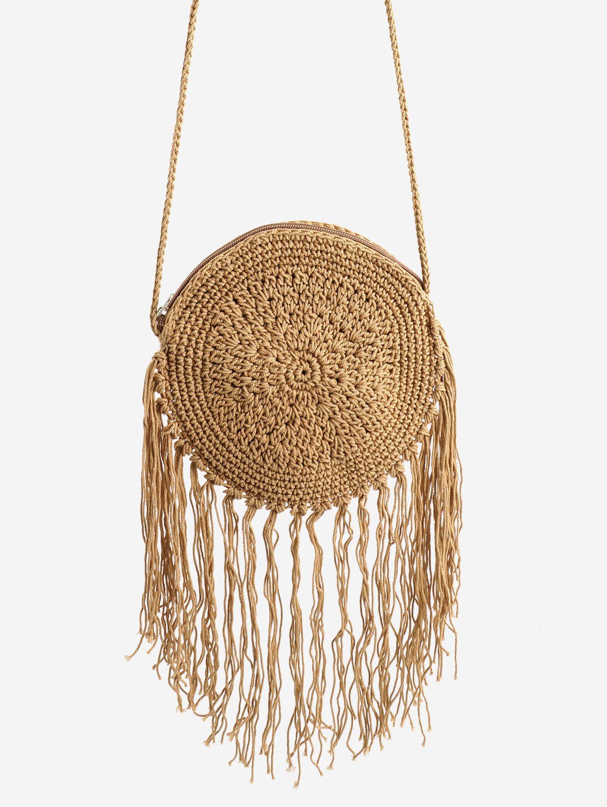

Solid Round Woven Fringes Sling Bag, Brown