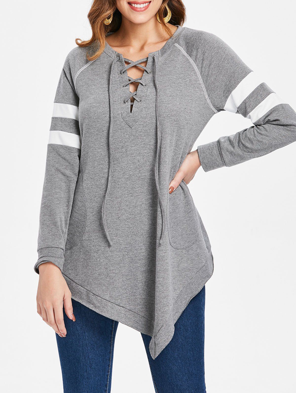 

Stripe Lacing Collar Asymmetrical Sweatshirt with Pocket, Light gray