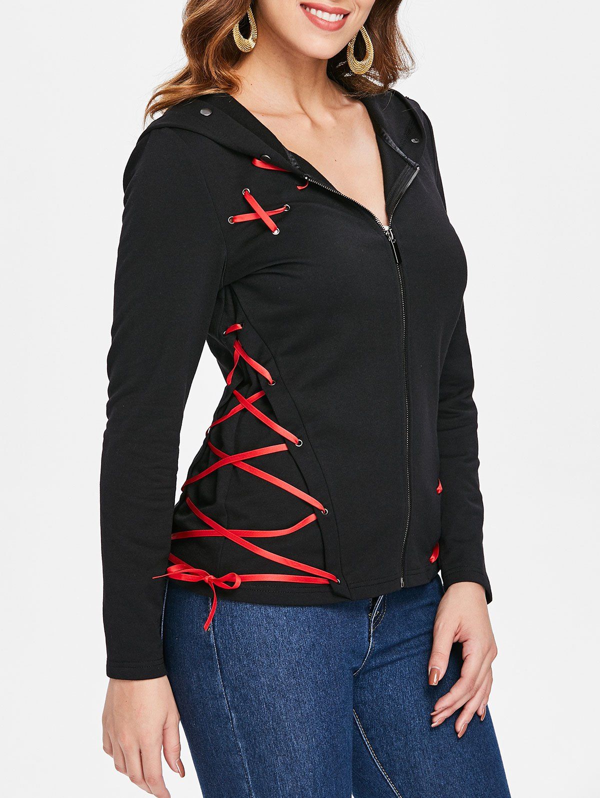 

Ribbons Side Zip Up Hoodie, Black