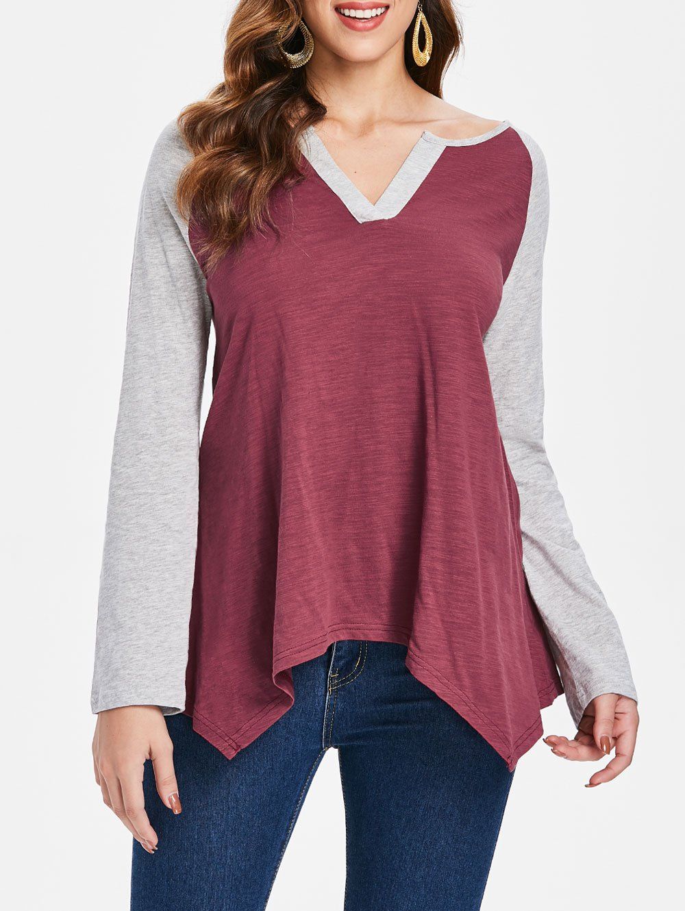 

Raglan Sleeve Asymmetrical T-Shirt, Wine red