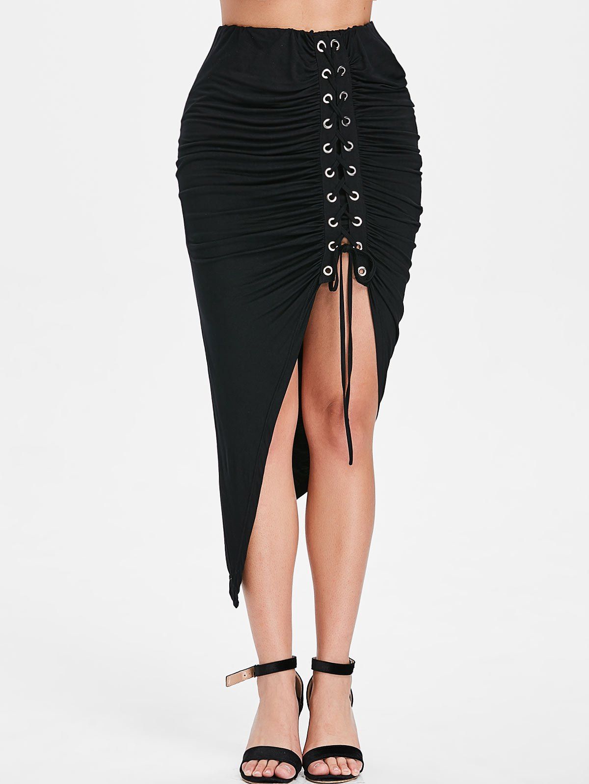 

Asymmetrical Lace Up Ruched Midi Skirt, Black