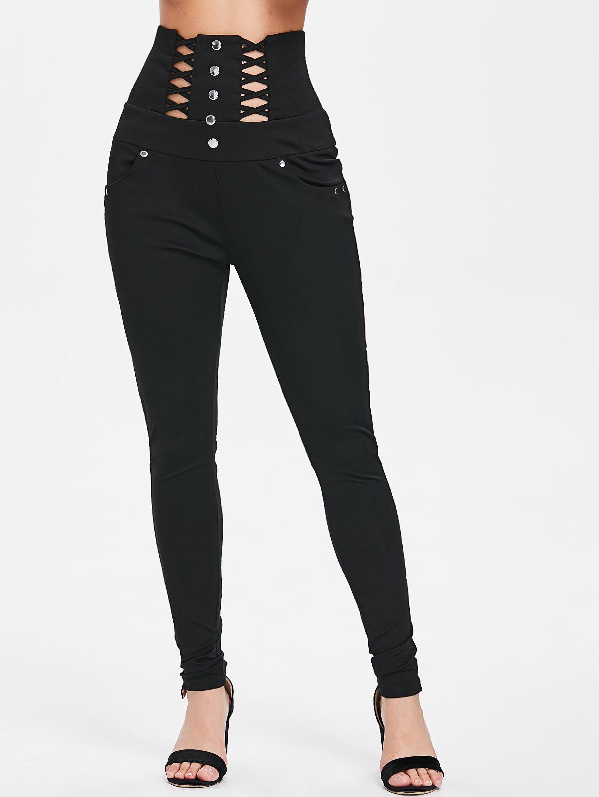 

Stud Rivets Criss Cross Slim Fit Pants, Black