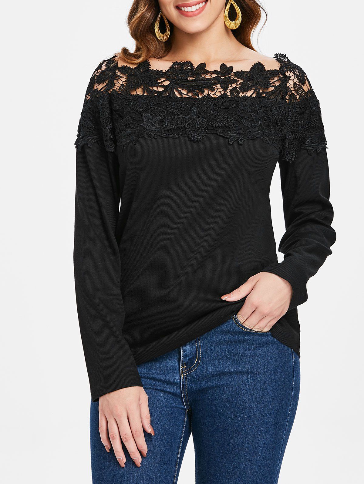 Lace Panel Boat Neck Top, Black