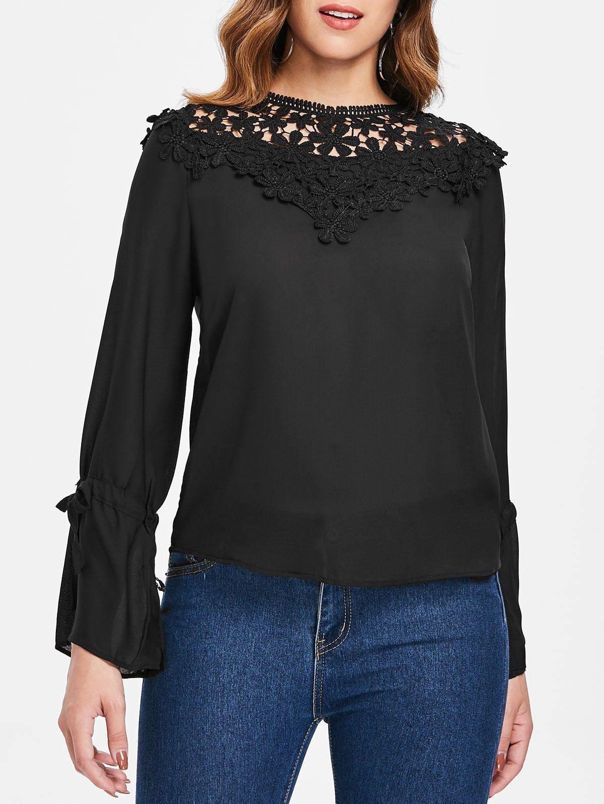 

Tie Sleeve Lace Panel Blouse, Black
