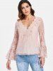 V Neck Flare Sleeve Lace Top -  
