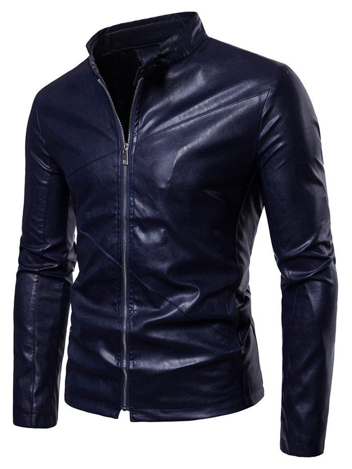 

Slim Fit PU Leather Stand Collar Jacket, Cadetblue