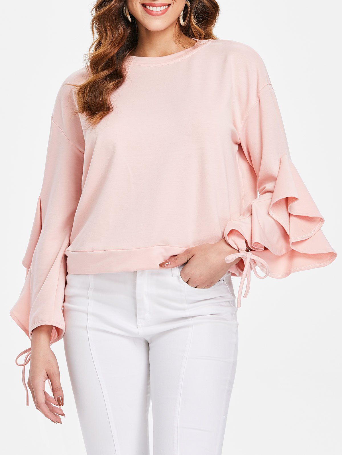 

Bell Sleeve Sweatshirt with Tie, Pink bubblegum