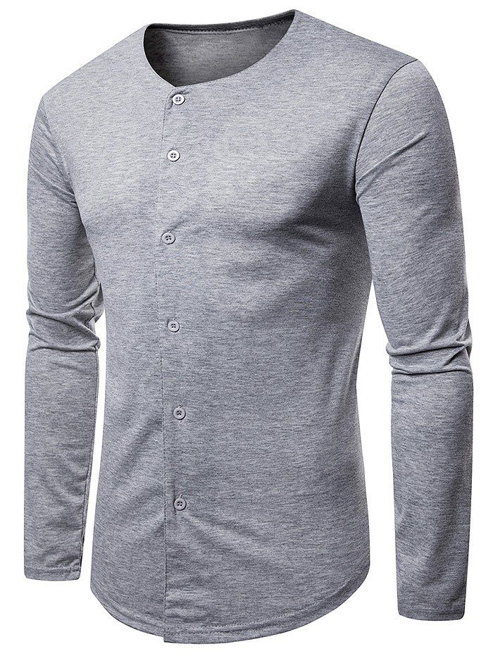 

Casual Round Neck Button Up T-shirt, Light gray