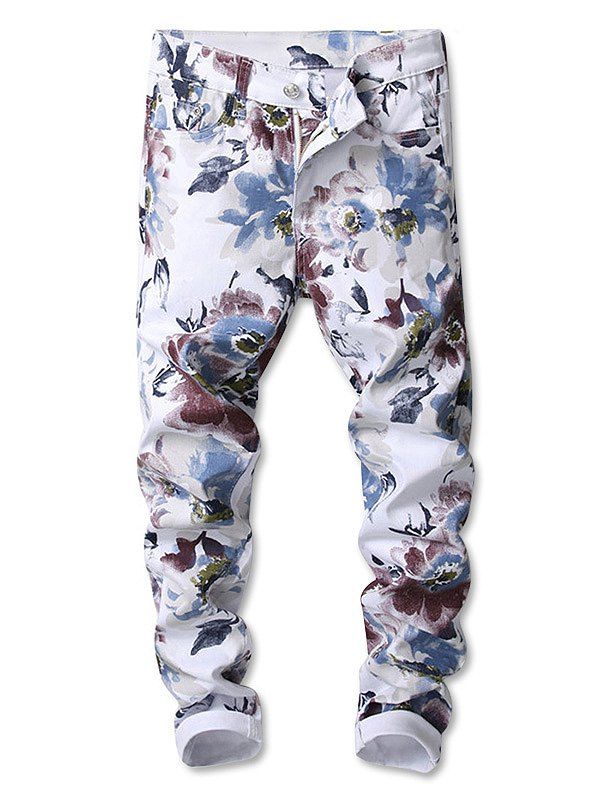 [29% OFF] Flowers Painting Print Straight Jeans | Rosegal