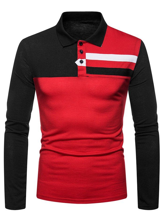 

Contrast Chest Striped Splicing Long Sleeve T Shirt, Chestnut red