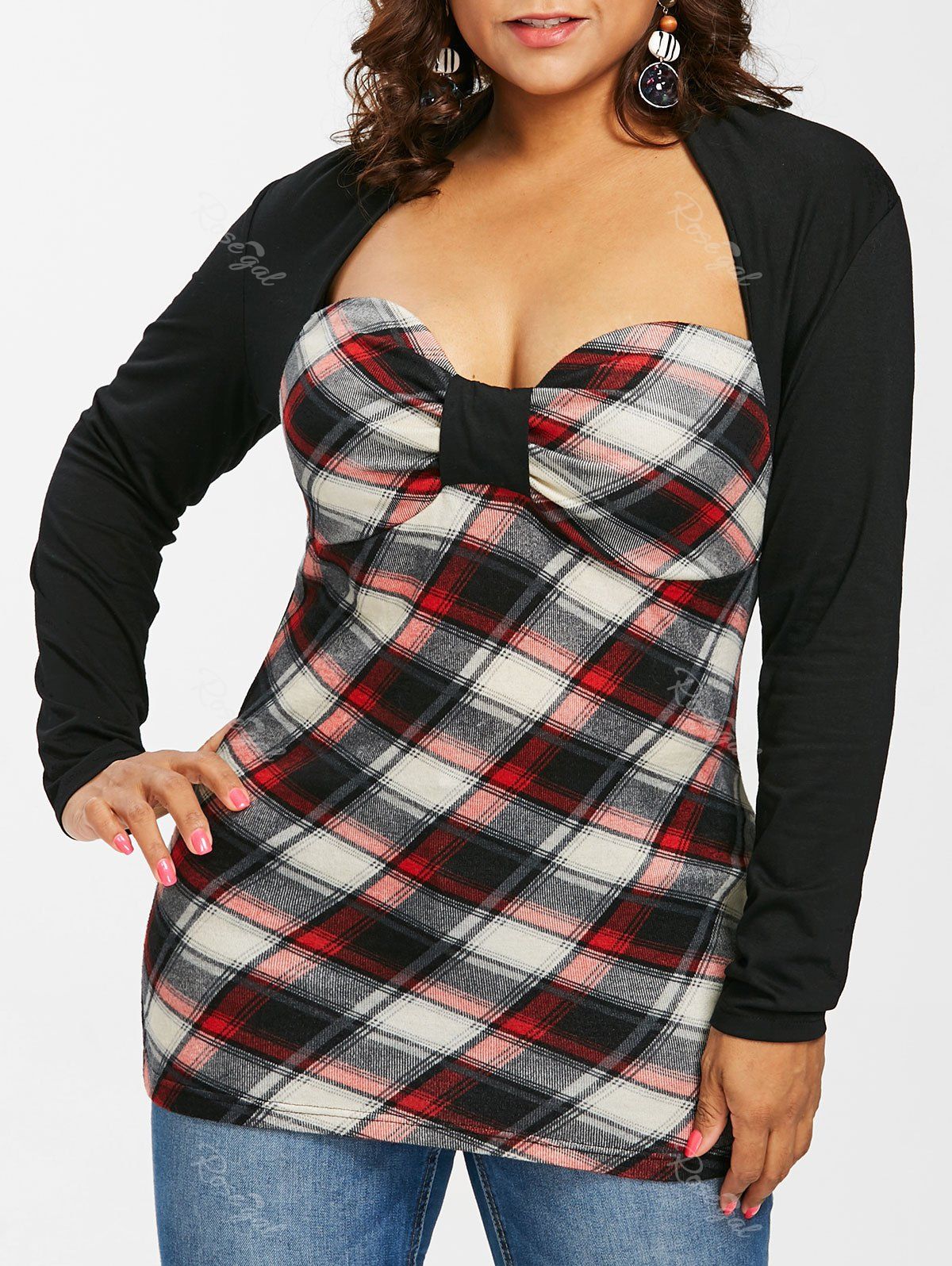 

Bowknot Embellished Plus Size Plaid T-shirt, Black